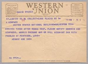 [Telegram from Henrietta and Isaac H. Kempner to Harris Kempner, August 1, 1949]