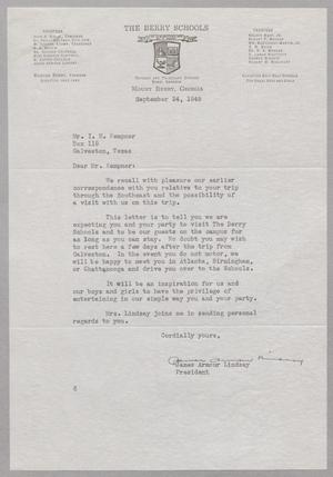 Primary view of object titled '[Letter from James Armour Lindsay to Mr. I. H. Kempner, September 24, 1949]'.