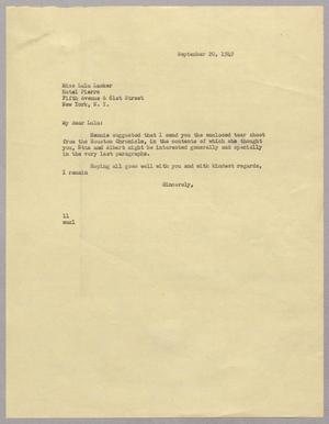 [Letter from I. H. Kempner to Miss Lulu Lasker, September 20, 1949]