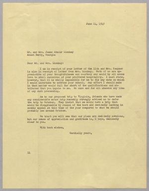 Primary view of object titled '[Letter from I. H. Kempner to Mr. & Mrs. James Armour Lindsay, June 14, 1949]'.