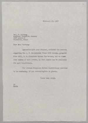 [Letter from R. I. Mehan to Mrs. N. Hartung, February 25, 1957]