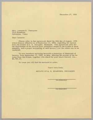 [Letter from Estates of S. E. Kempner to Mrs. Leonora K. Thompson, December 27, 1956]
