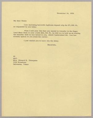 [Letter from A. H. Blackshear, Jr. to Mrs. Edward R. Thompson, November 16, 1956]