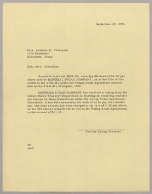 Primary view of object titled '[Letter from A. H. Blackshear, Jr. to Mrs. Leonora K. Thompson, September 27, 1956]'.