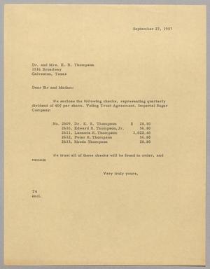[Letter from T. E. Taylor to Dr. and Mrs. E. R. Thompson, September 27, 1957]