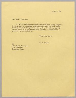 [Letter from T. E. Taylor to Mrs. E. R. Thompson, July 5, 1957]