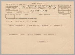 Primary view of object titled '[Telegram from Harris L. and Ruth Kempner to Dr. E. R. and Henrietta Thompson, January 20, 1959]'.