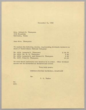 [Letter from T. E. Taylor to Mrs. E. R. Thompson, December 12, 1960]