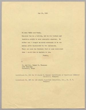 [Letter from I. H. Kempner to Dr. and Mrs. E. R. Thompson, May 30, 1960]