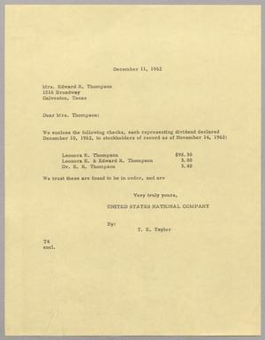 [Letter from T. E. Taylor to Mrs. Edward R. Thompson, December 11, 1962]