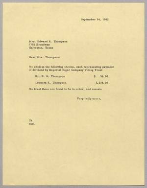 [Letter from T. E. Taylor to Mrs. Edward R. Thompson, September 14, 1962]