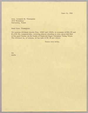 [Letter from T. E. Taylor to Mrs. Leonora K. Thompson, June 13, 1962]