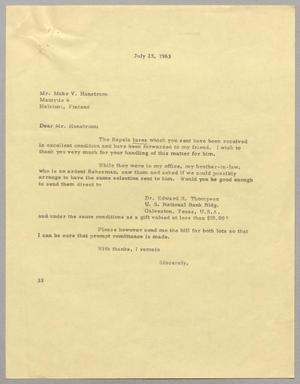 [Letter from Harris Leon Kempner to Make V. Hanstrom, July 25, 1963]