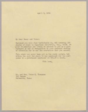 Primary view of object titled '[Letter from I. H. Kempner to Mr. and Mrs. Peter K. Thompson, April 6, 1964]'.