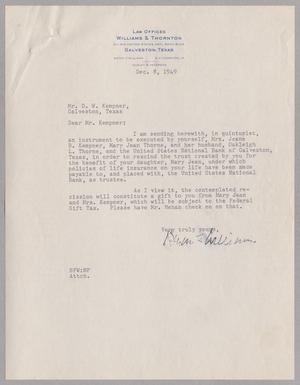 [Letter from Bryan F. Williams to D. W. Kempner, December 8, 1949]