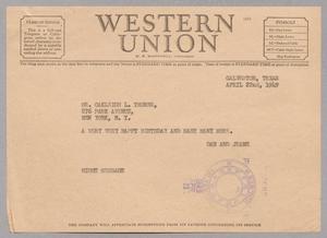[Telegram from Daniel W. and Jeane Bertig Kempner to Oakleigh L. Thorne, April 22, 1949]