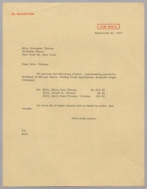 [Letter from T. E. Taylor to Mrs. Kempner Thorne, September 27, 1957]
