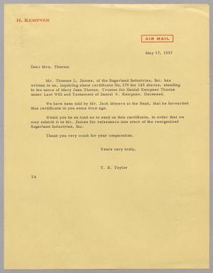 [Letter from T. E. Taylor to Mrs. Kempner Thorne, May 17, 1957]