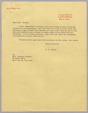 [Letter from T. E. Taylor to Mrs. Kempner Thorne, May 2, 1957]