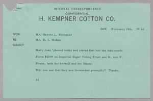 [Letter from Harris Leon Kempner to Mr. R. I. Mehan, February 19, 1960]