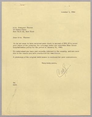 [Letter from T. E. Taylor to Mrs. Kempner Thorne, October 1, 1962]
