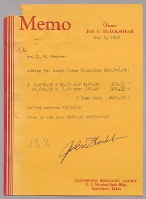 [Memo from Joe C. Blackshear to D. W. Kempner, May 9, 1955]