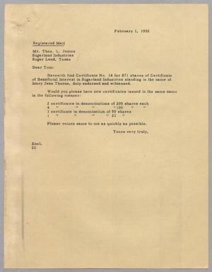 [Letter from D. W. Kempner to Thomas L. James, February 1, 1952]