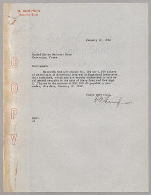[Letter from D. W. Kempner to United States National Bank, January 11, 1952]