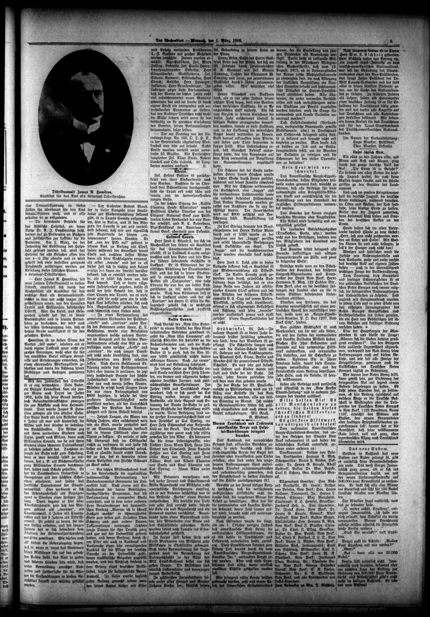 Das Wochenblatt. (Austin, Tex.), Vol. 7, No. 31, Ed. 1 Wednesday, March 1, 1916
                                                
                                                    [Sequence #]: 5 of 8
                                                
