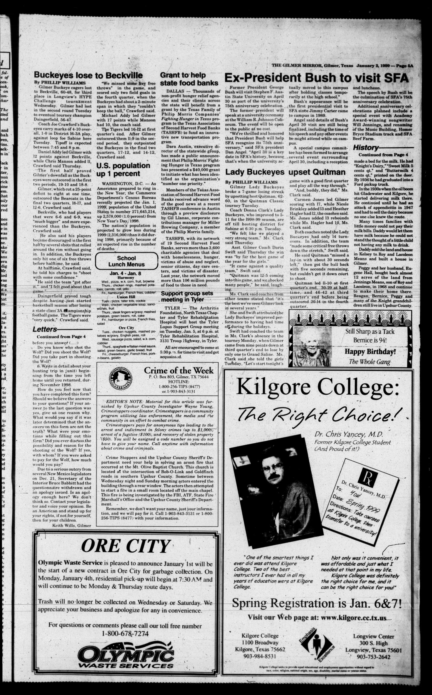 The Gilmer Mirror (Gilmer, Tex.), Vol. 122, No. 1, Ed. 1 Saturday, January 2, 1999
                                                
                                                    [Sequence #]: 5 of 18
                                                