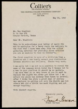 Primary view of object titled '[Letter from Frank Gervasi to Alex Bradford, May 20, 1940]'.