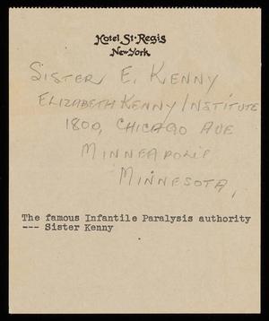 [Note with Address for Sister Kenny]