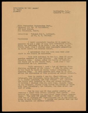 Primary view of object titled '[Letter from Alex Bradford to Fire Protection Engineering Department of the Standard Oil Co. of California - November 1, 1943]'.