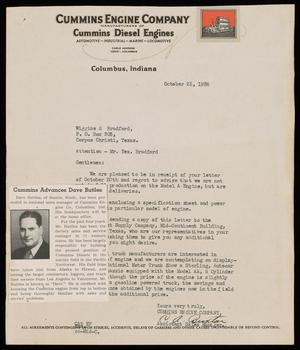 Primary view of object titled '[Letter from Cummins Engine Company Assistant Sales Manager to Alex Bradford - October 25, 1938]'.