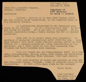Primary view of object titled '[Letter from Alex Bradford to the Oren Fire Apparatus Company - January 3, 1944]'.