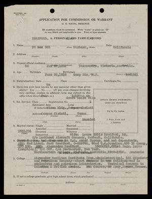 Primary view of object titled '[Application for Commission or Warrant: U. S. Naval Reserve, for Alex Bradford]'.