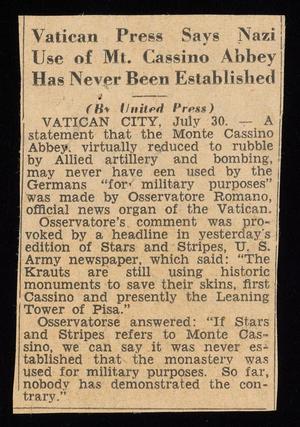 Primary view of object titled '[Clipping: Vatican Press Says Nazi Use of Mt. Cassino Abbey Has Never Been Established]'.
