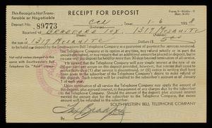 Primary view of object titled '[Receipt for Deposit to Southwestern Bell - 1938]'.
