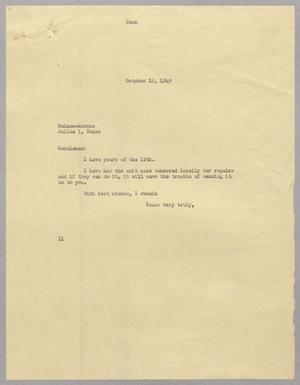[Letter from Isaac H. Kempner to Neiman-Marcus, October 15, 1949]