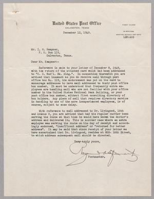 [Letter from United States Post Office to Mr. I. H. Kempner, December 12, 1949]