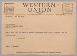 [Telegram from Isaac H. Kempner to A. J. Peterson, February 18, 1949]