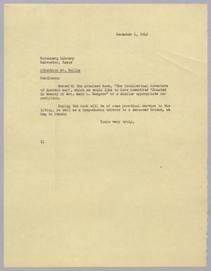 [Letter from I. H. Kempner to Rosenberg Library, December 1, 1949]