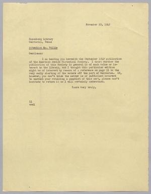 [Letter from I. H. Kempner to Rosenberg Library, November 29, 1949]