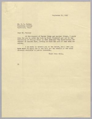 Primary view of object titled '[Letter from I. H. Kempner to Mr. C. L. Wallis, September 21, 1949]'.