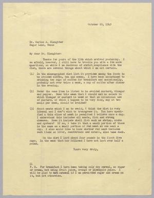 [Letter from I. H. Kempner to Dr. Carlos A. Slaughter, October 20, 1949]