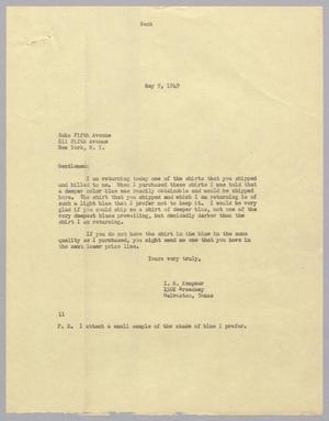 [Letter from Isaac H. Kempner to Saks Fifth Avenue, May 9, 1949]