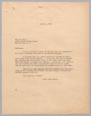 [Letter from I. H. Kempner to The St. Regis, April 4, 1949]