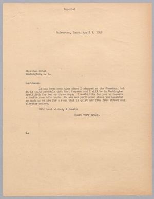 [Letter from I. H. Kempner to Shoreham Hotel, April 1, 1949]