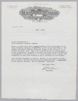 [Letter From R. L. Wallace to the Stockholders of Texas Prudential Insurance Company, July 7, 1949]