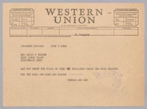 [Telegram from Henrietta and Isaac H. Kempner to Mrs. David F. Weston, July 7, 1949]